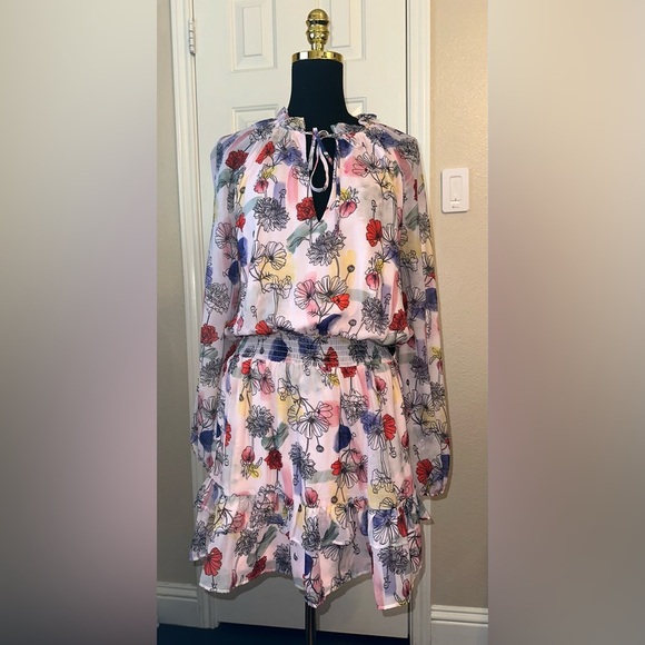 NSR Floral Long Sleeve Ruffle Neck Dress Smocked Waist - Picture 1 of 9